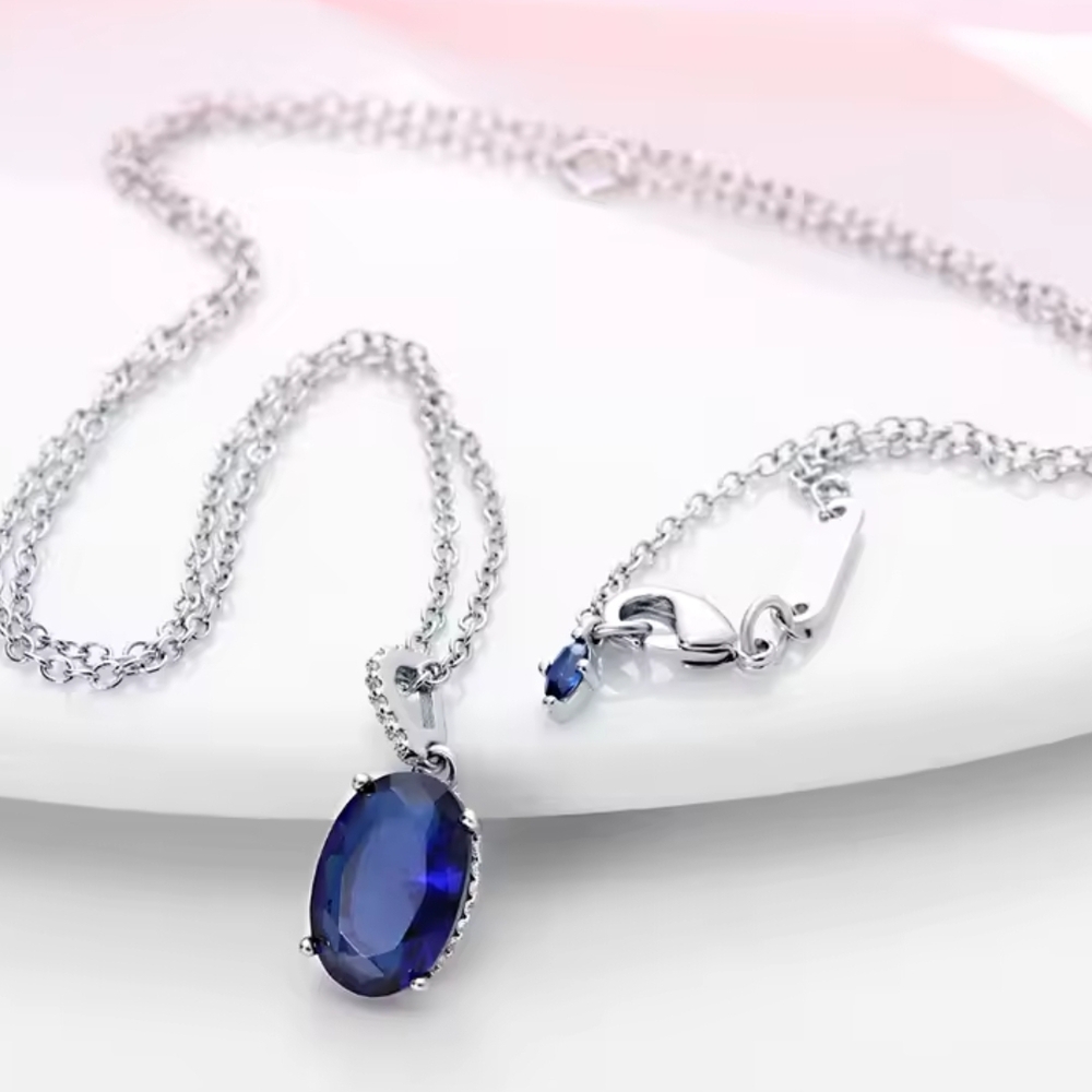 CLEARANCE SAPPHIRE Blue Oval 925 Sterling Silver Necklace